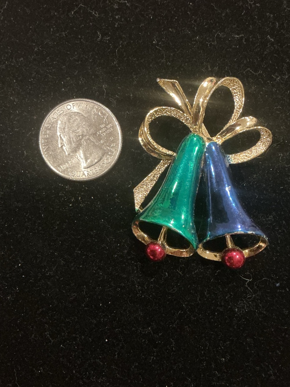 Vintage GERRY green blue enamel Christmas bells Gold-brooch pin